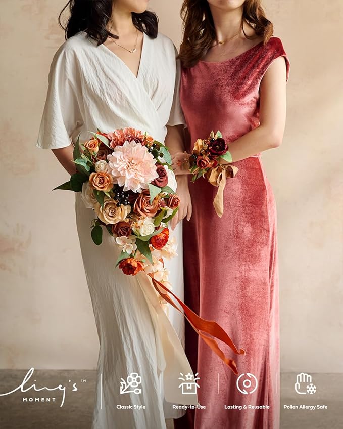 Artificial Flowers Bridal Bouquet, Terracotta Cascade, Silk