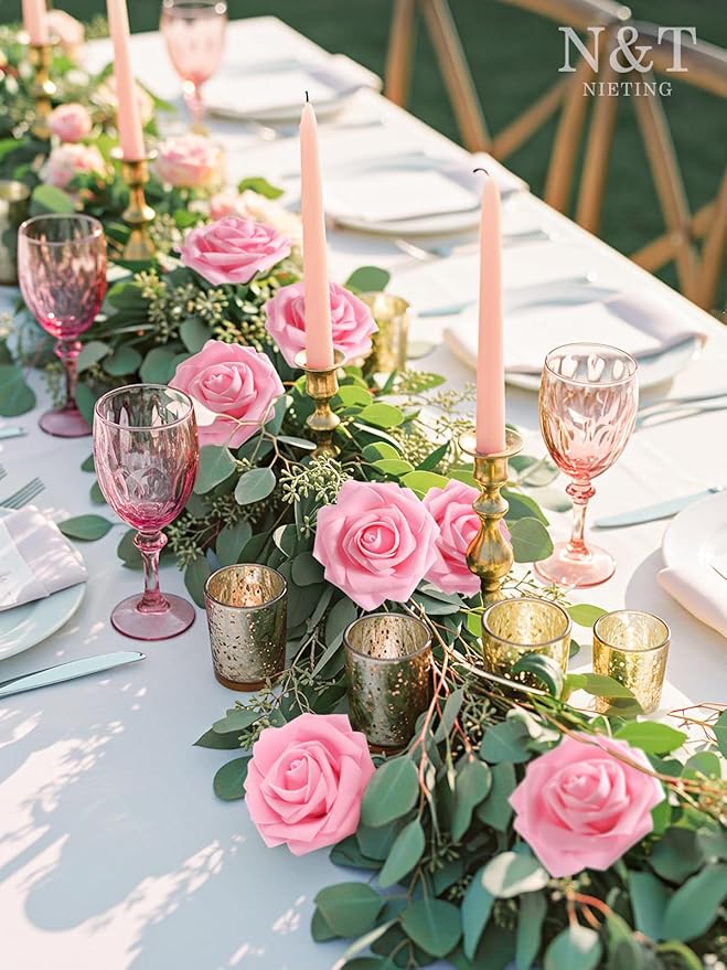 Artificial Flowers, 50 Light Pink Foam Roses with Bendable Stems