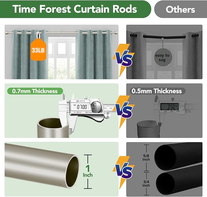 Time Forest Curtain Rods for Windows 28 to 48, 1 Inch Adjustable Heavy Duty - Image 8