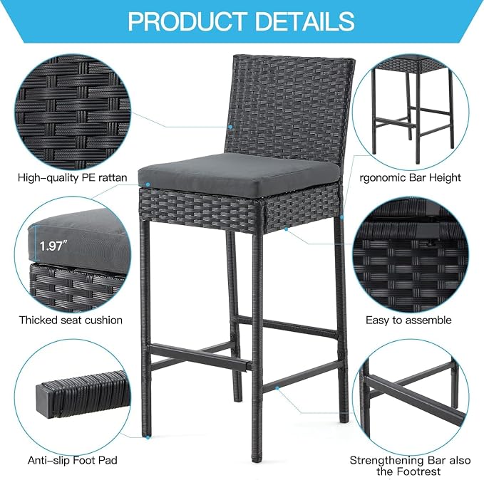 ECOTOUGE Outdoor Bar Stools Set of 4, Wicker Woven Patio Stools & Patio Bar - Image 4