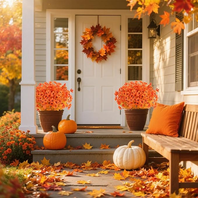 Artificial Flowers in Orange Fall Shades, 16 Bundles, Outdoor Use