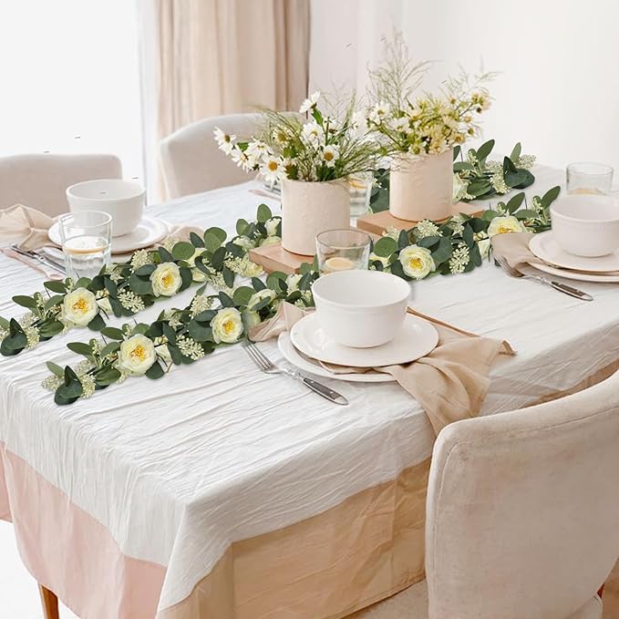 Artificial Eucalyptus Garland with Champagne Roses, 2 Pack