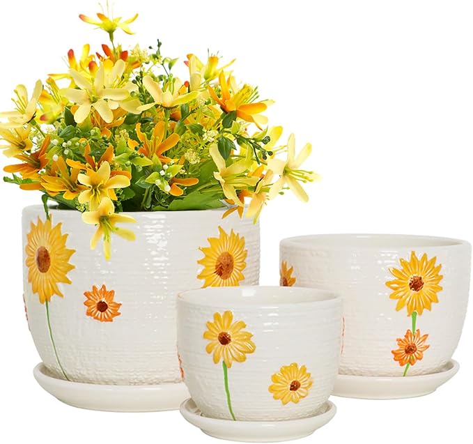 Ceramic Plant Pots Set of 3, 6.75/5.6/4.2 inch Planters by Hlukana