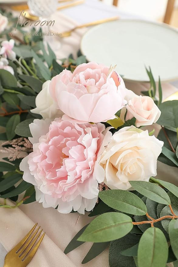 Artificial Flowers Garland, 6 Ft Blush and Cream Eucalyptus Vine