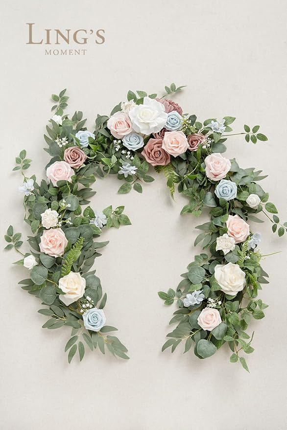 Artificial Flowers Garland, 6 Ft Eucalyptus and Rose, Blush Powder Blue