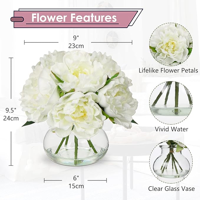 Artificial Peony Flower Arrangement with Glass Vase, White Silk