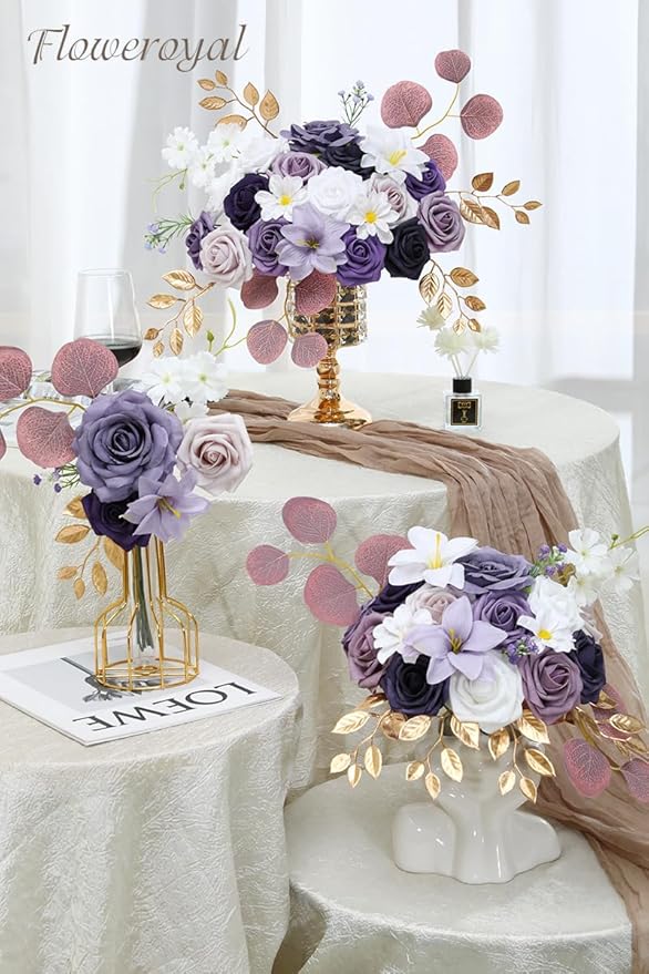 Artificial Flowers, Dark Purple Silk Mix with Roses and Eucalyptus