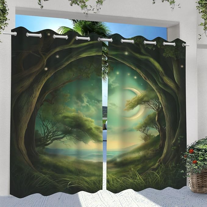 Forest Theme Outdoor Curtains for Patio Waterproof, Trees Moon Lake Pattern - Image 2