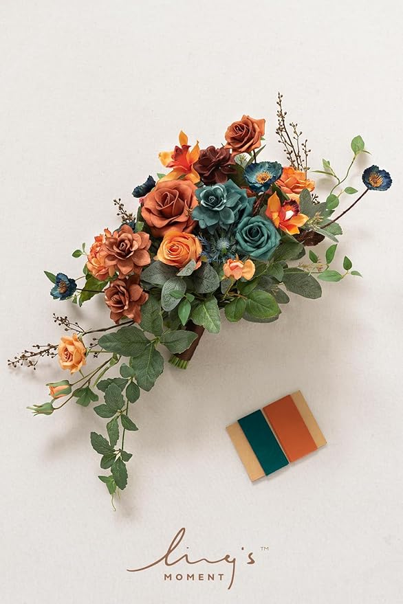 Artificial Bridal Bouquet, Teal and Burnt Orange Silk Cascade, 13 x 20 in