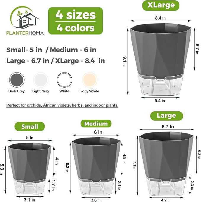 5 Pack Self Watering Pots for Indoor Plants, 5/6.7/8.4 in Self Watering - Image 4