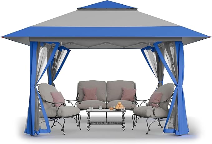 Gazebo 13 x 13 ft Pop-Up Canopy with UPF 50+ Fabric in Blue and Grey