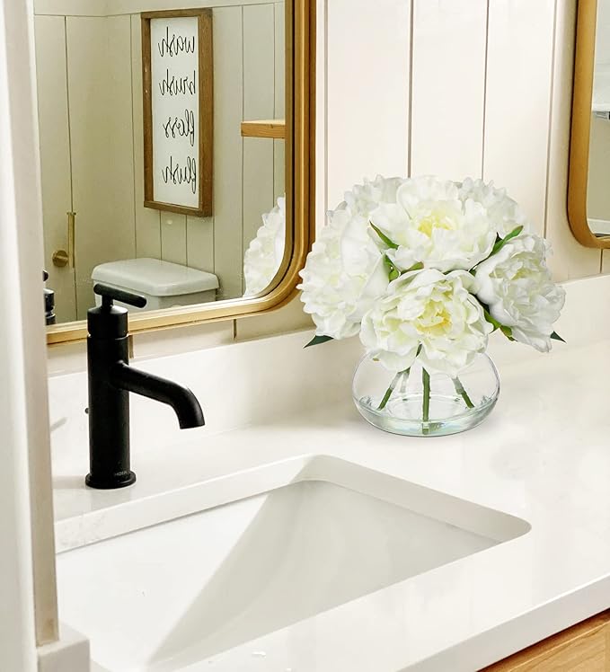 Artificial Peony Flower Arrangement with Glass Vase, White Silk