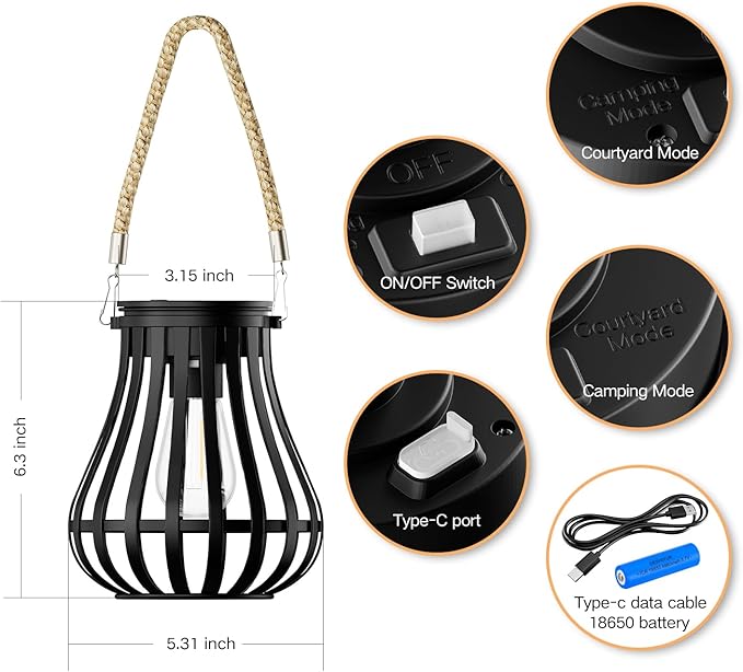 Lanterns, Black Solar Hanging Lamp, 24 Ceramic Cores, Waterproof