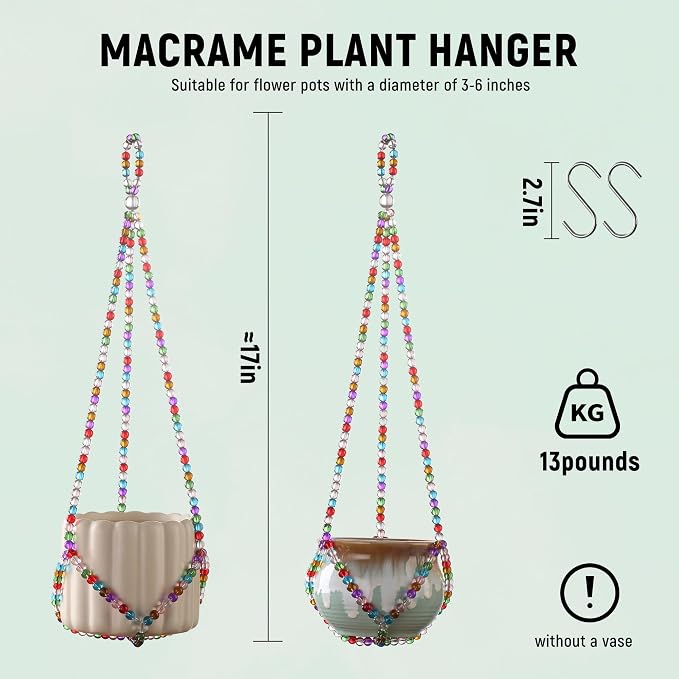 17''，2 Pack Macrame Plant Hanger, Handmade Glass Bead Plant Hanger Colorful - Image 2