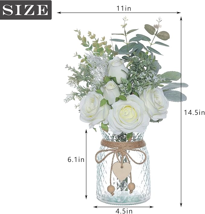 Artificial Flowers with Glass Vase, 14.5-Inch White Silk Roses Bouquet