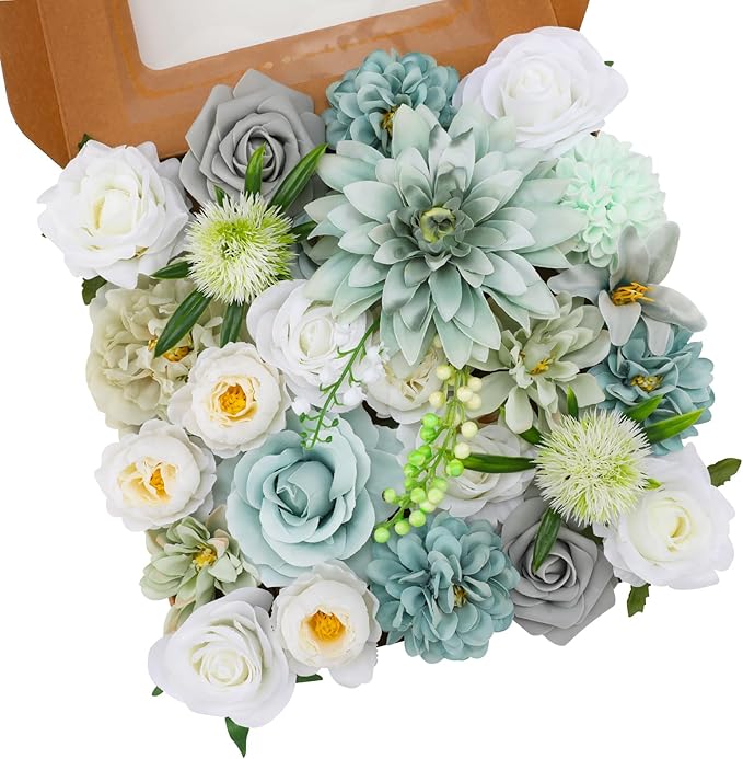 Artificial Flower Set in Teal Blue, Silk Roses, Dahlias and Peonies