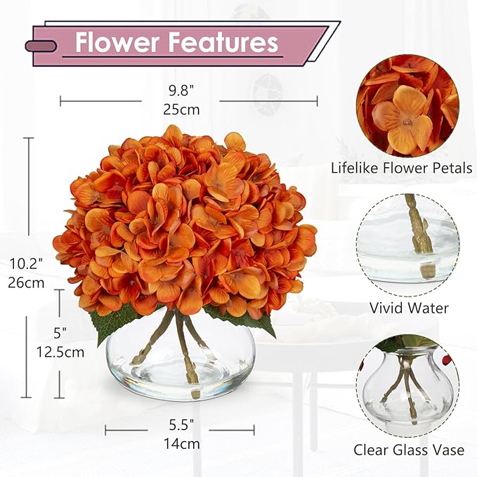 Artificial Fall Hydrangea Flowers with Glass Vase, Orange Silk, 9 x 9.5 in