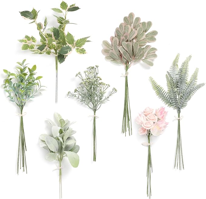Artificial Plants Greenery Set, 48 Pieces, 7 Varieties, Silk and Plastic