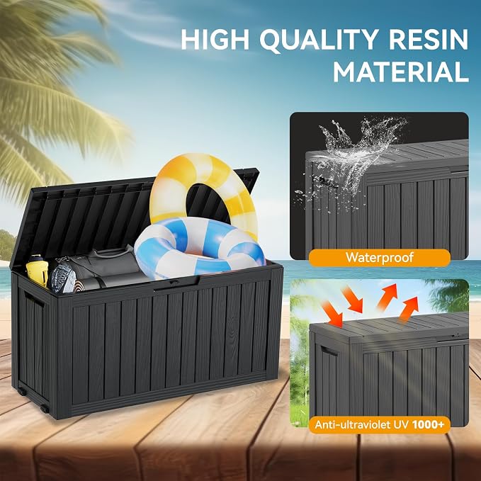 Deck Boxes Outdoor Storage, 72 Gallon Black Resin, Lockable
