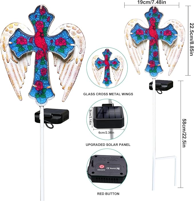 YJFWAL Cardinal Bird&Rose Cross Garden Stake Light, Solar Glass Cross - Image 5