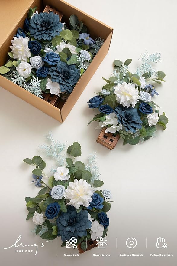 Artificial Flowers Set of 4, 17.5-Inch Blue and Navy Wedding Centerpieces