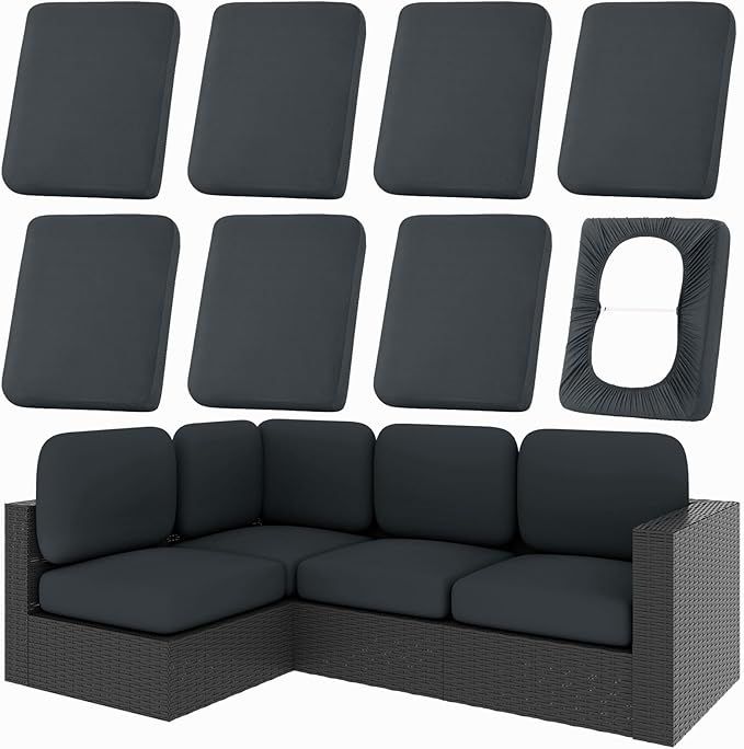 Patio Cushion Covers, 8-Piece Stretch Set in Dark Gray, Anti-Slip