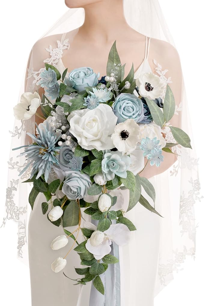 Artificial Bridal Bouquet, Dusty Blue Cascade with Pearls, 15 Inch