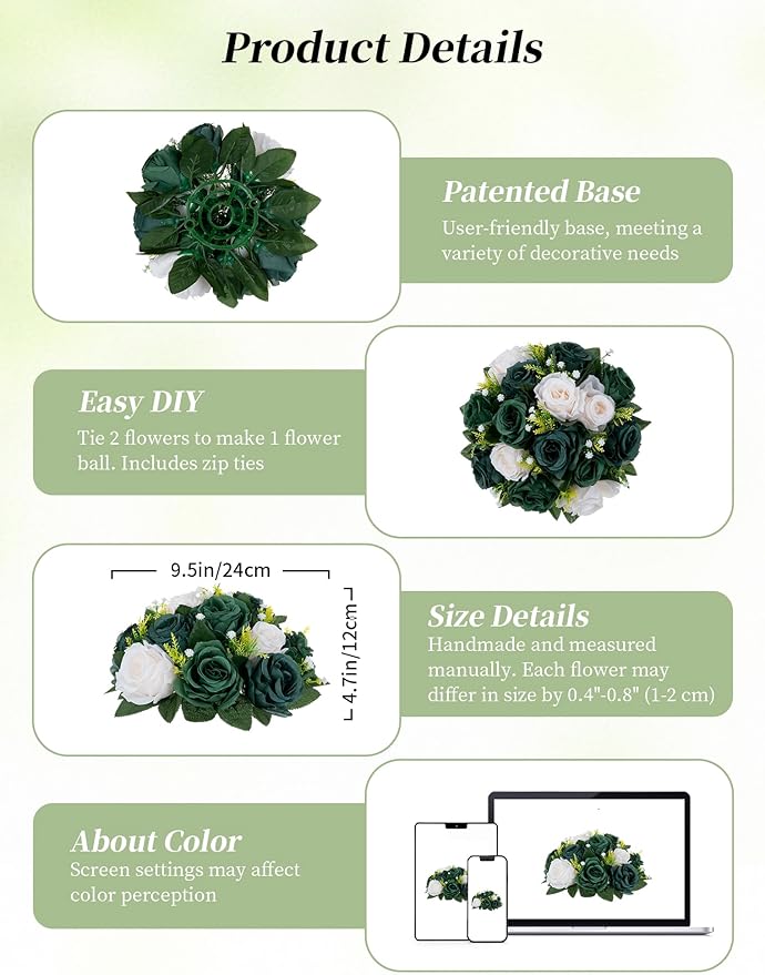Artificial Flowers: Silk Rose Ball Centerpieces, Green and Ivory