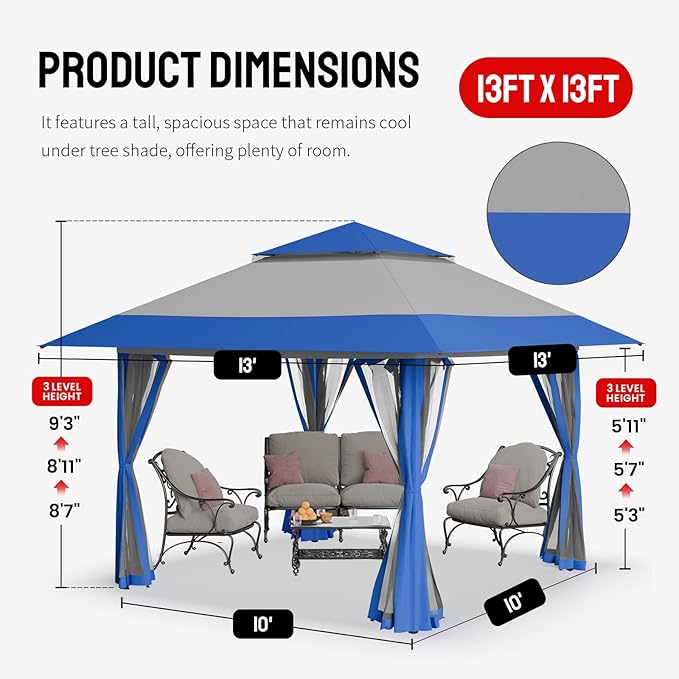 Gazebo 13 x 13 ft Pop-Up Canopy with UPF 50+ Fabric in Blue and Grey
