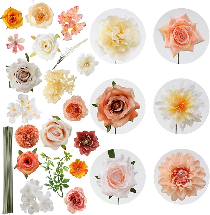 Artificial Flower Set, 26 Pcs Champagne Silk Flowers with Stems