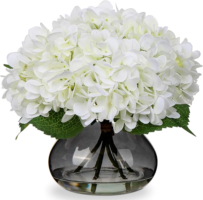Artificial Hydrangea Flower Arrangement, White Silk with Glass Vase