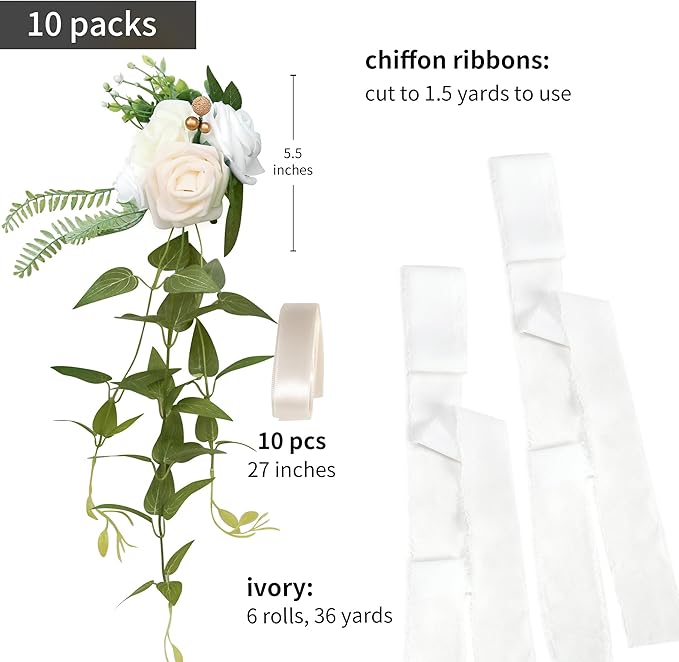 Artificial Rose Pew Flowers, Set of 10, White Wedding Aisle Chair Decor