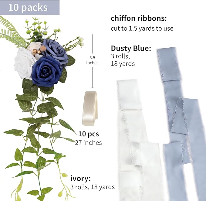 Artificial Flowers Set of 10 Blue Rose Wedding Pew Decorations
