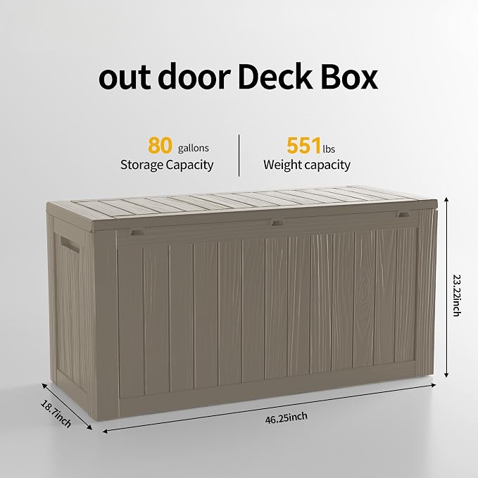 80 Gallon Resin Deck Box, Waterproof Outdoor Storage Bin - Image 2