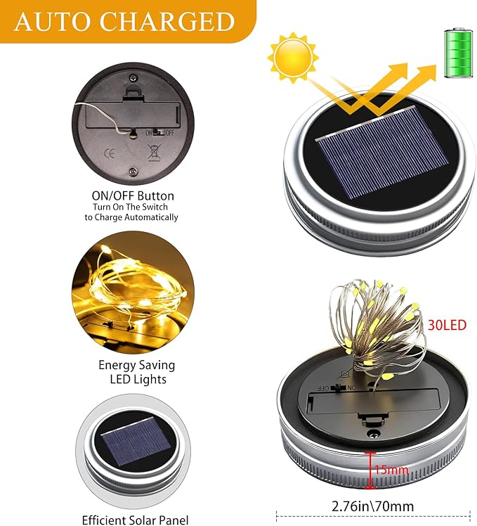 String Lights for Mason Jars, 30 Warm White LEDs, Solar Powered