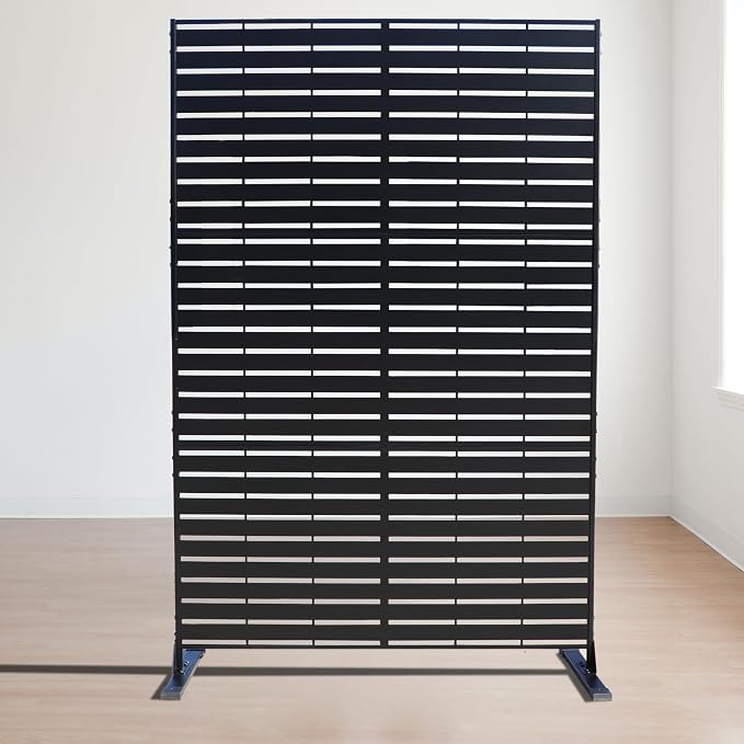 Decorative Fence Metal Privacy Screen, Black Horizontal Slat, 74 in H