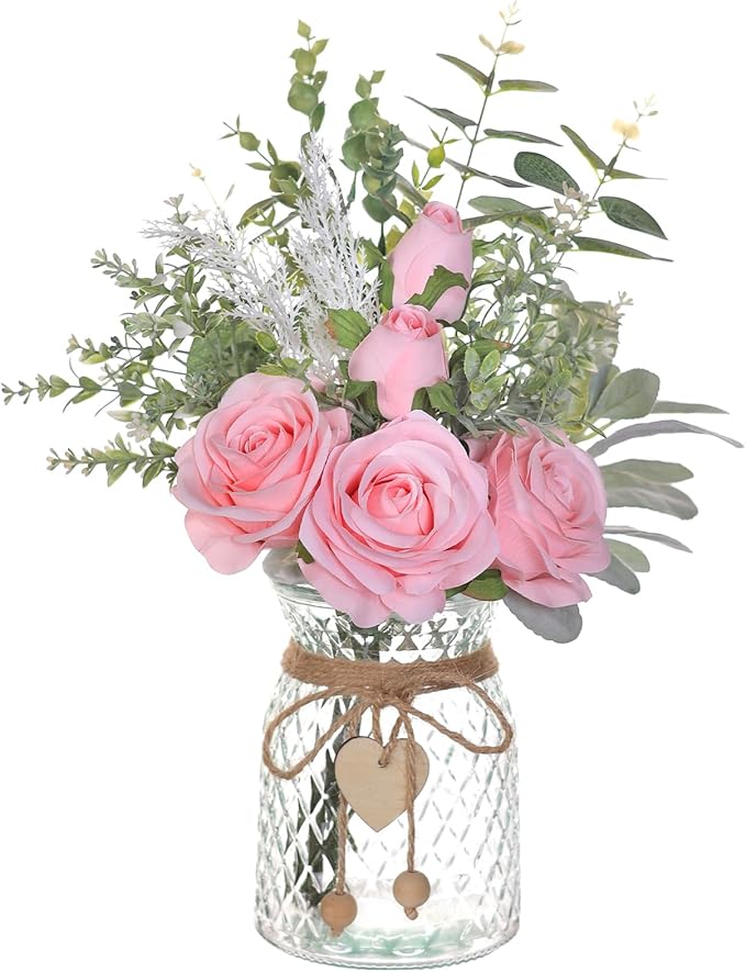 Artificial Flowers in Glass Vase, Pink Silk Roses, 14.5 Inch Tall