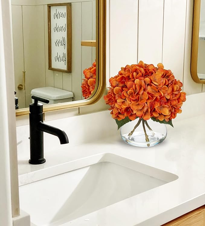 Artificial Fall Hydrangea Flowers with Glass Vase, Orange Silk, 9 x 9.5 in