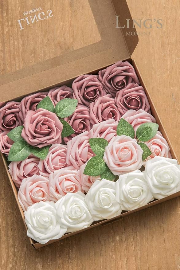 Artificial Flowers, 25 Pcs Foam Roses with 8-Inch Stems, Dusty Rose Shades