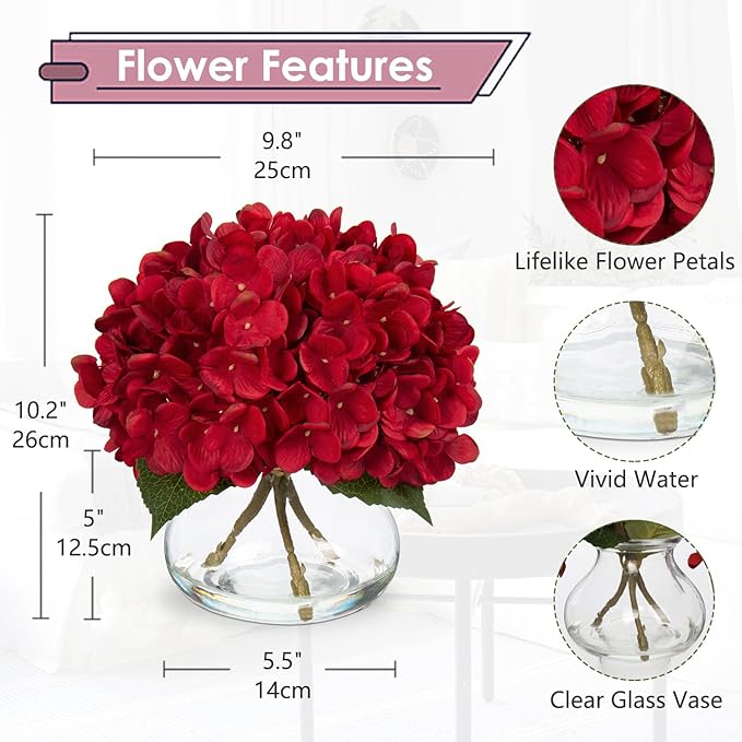 Artificial Hydrangea Flowers with Glass Vase, Red Silk, 4 Heads
