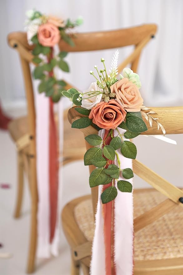 Artificial Flowers Set of 10 Terracotta Roses with 70cm Ribbon