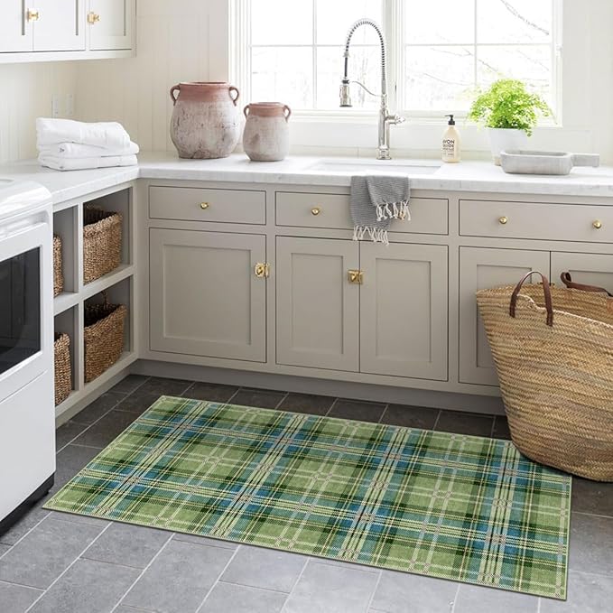 Outdoor Rug 2x4.3 Ft Green Plaid Tartan, Non-Slip Machine Washable