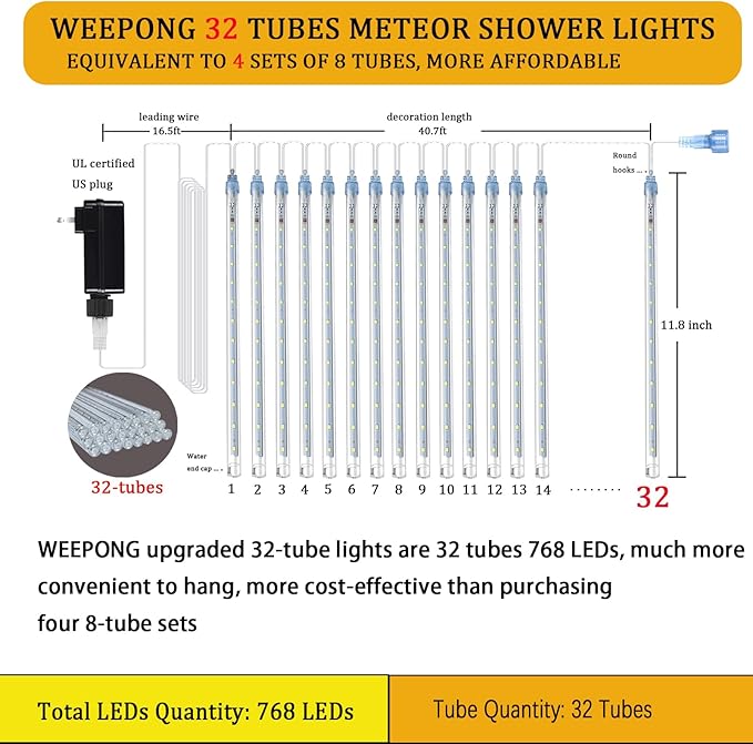 String Lights, Blue, 32 Tubes with 768 LEDs, Indoor/Outdoor