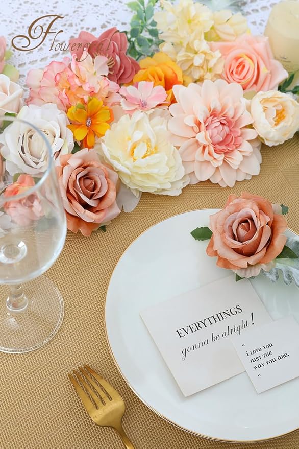 Artificial Flower Set, 26 Pcs Champagne Silk Flowers with Stems