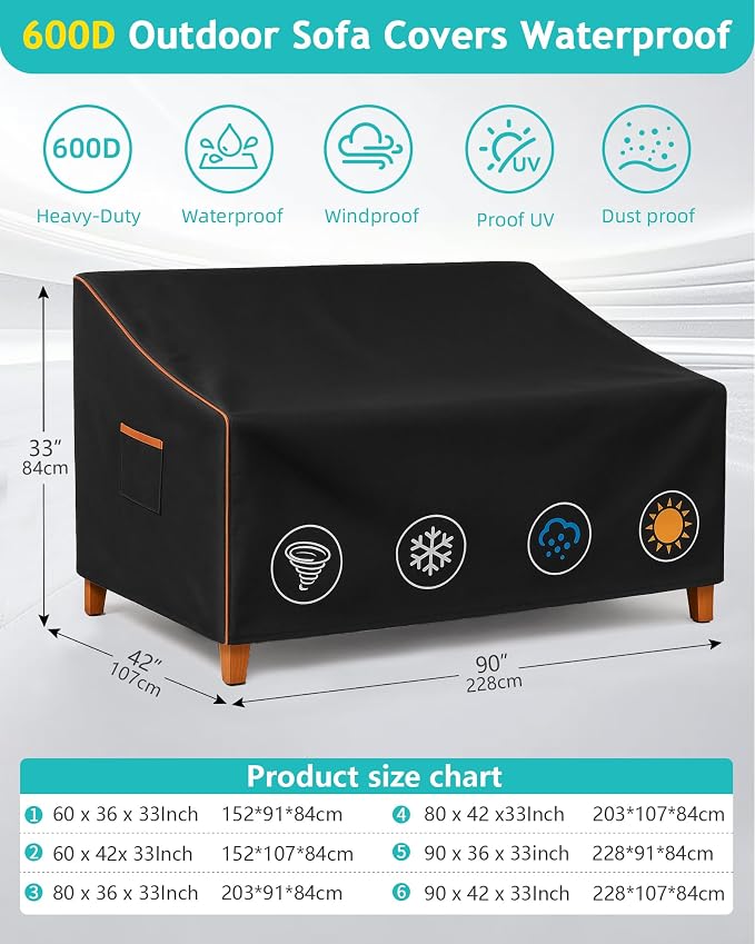 Sofa Cover, Waterproof 600D Oxford Black, 90 x 42 x 33 Inches