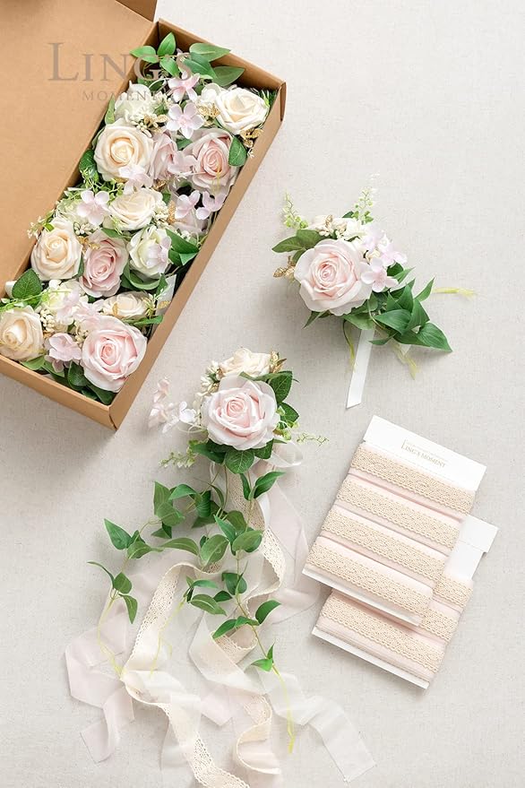 Artificial Wedding Aisle Pew Flowers, 8 Pcs Blush and Cream with Ribbon