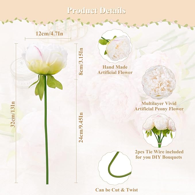 Artificial Peony Flowers, 20 Heads, White Silk-Like Blooms for Home Decor
