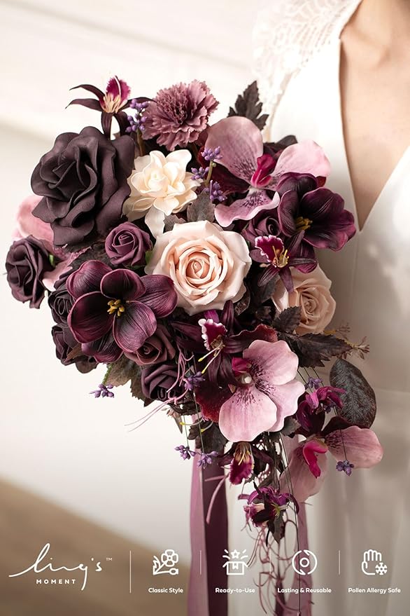 Artificial Flowers Bridal Bouquet, Deep Plum Silk Cascade, 13 Inch Wide