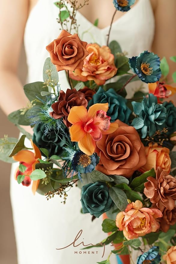 Artificial Bridal Bouquet, Teal and Burnt Orange Silk Cascade, 13 x 20 in