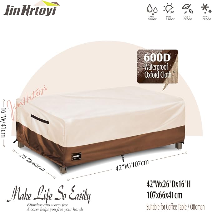 JinHrtoyi Patio Coffee Table Cover, 42Wx26Dx16H Inches 100% Waterproof Heavy - Image 2